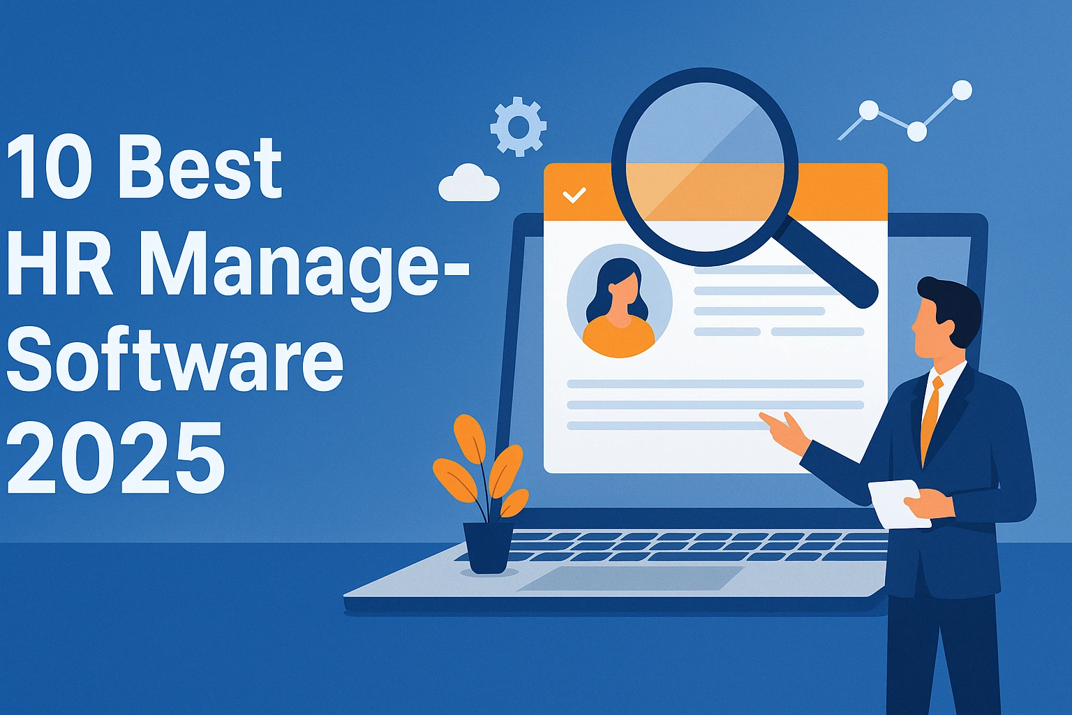 Illustration showing HR software dashboards, user profiles, and teamwork icons representing the 10 Best HR Management Software 2025.