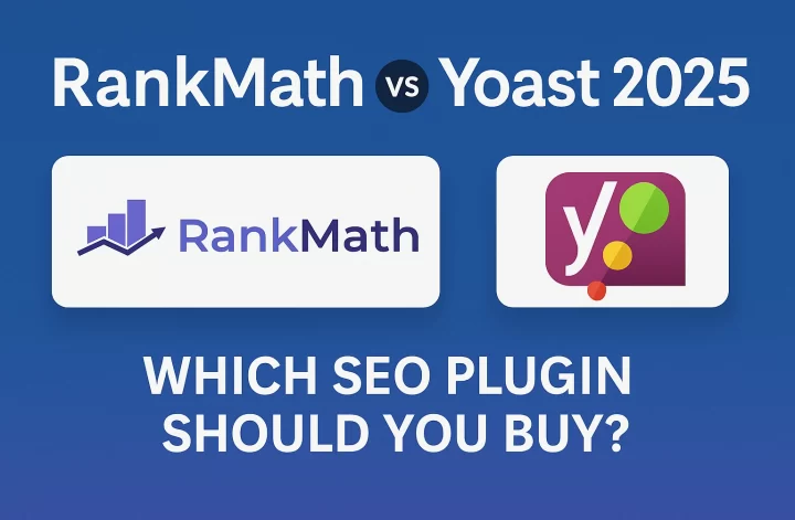 Professional side-by-side comparison graphic for RankMath vs Yoast 2025 showing key SEO plugin features and pricing.